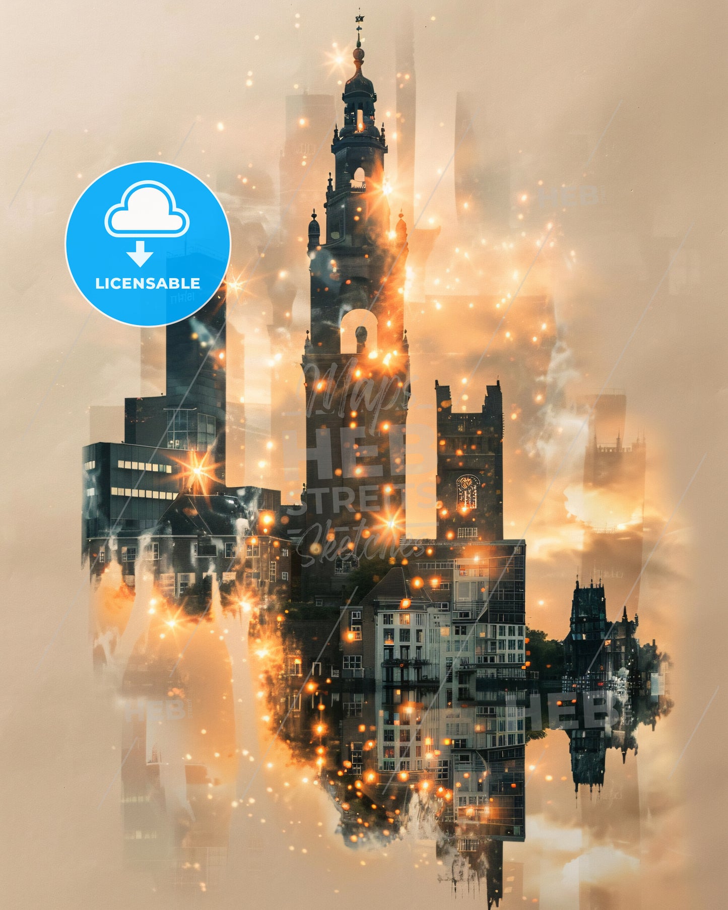 Enschede Skyline Art - Beige Paper - Local Colors - A city with a tower and lights