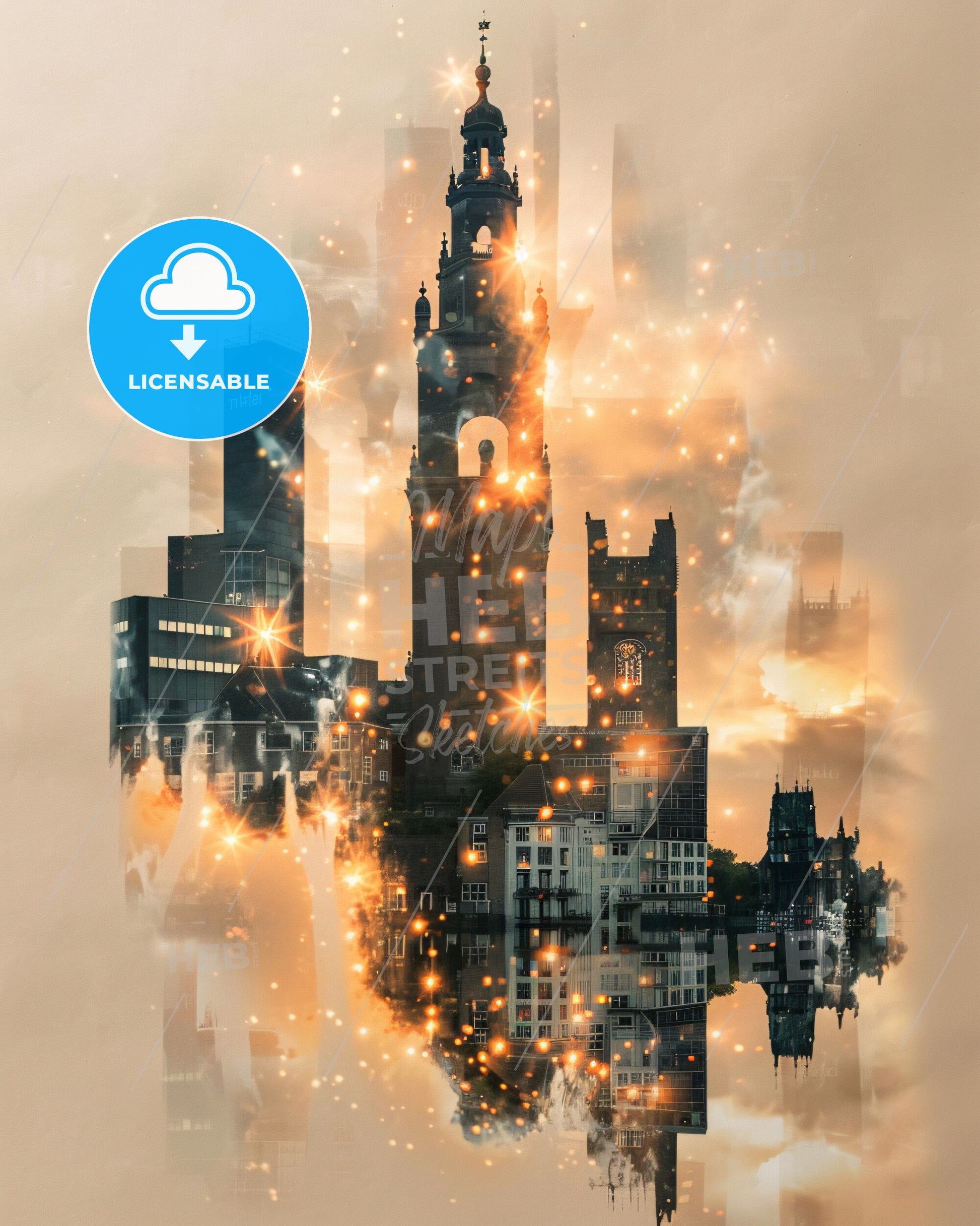 Enschede Skyline Art - Beige Paper - Local Colors - A city with a tower and lights