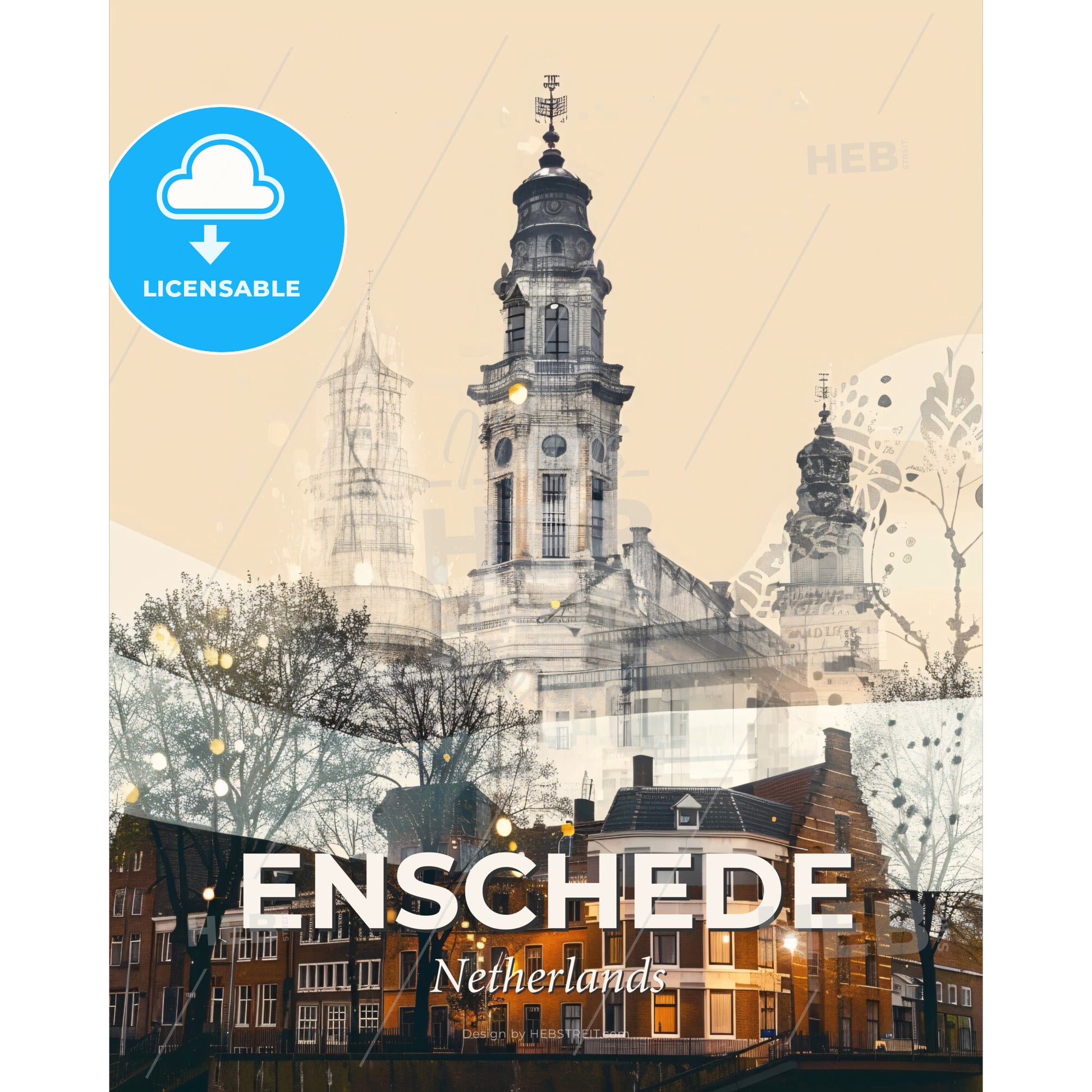 Enschede Skyline Double Exposure Cityscape Art - A group of buildings and a tower - Square format print template