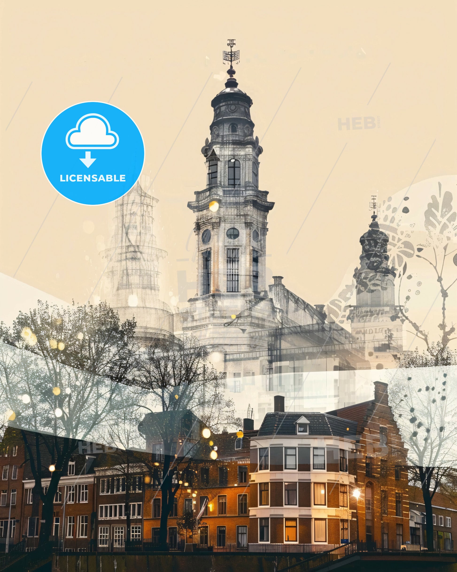 Enschede Skyline Double Exposure Cityscape Art - A group of buildings and a tower