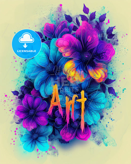 letters of the word "Art", urban graffiti theme with a twist of modern elegance - A colorful flowers with text