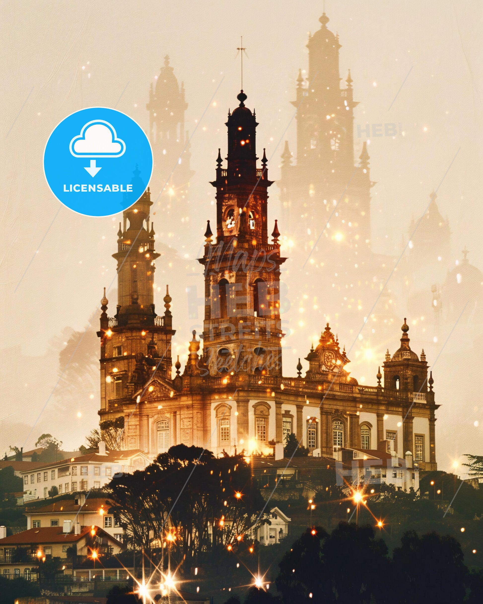 Entroncamento Skyline Composite Art, Bright Poster - A building with towers and lights