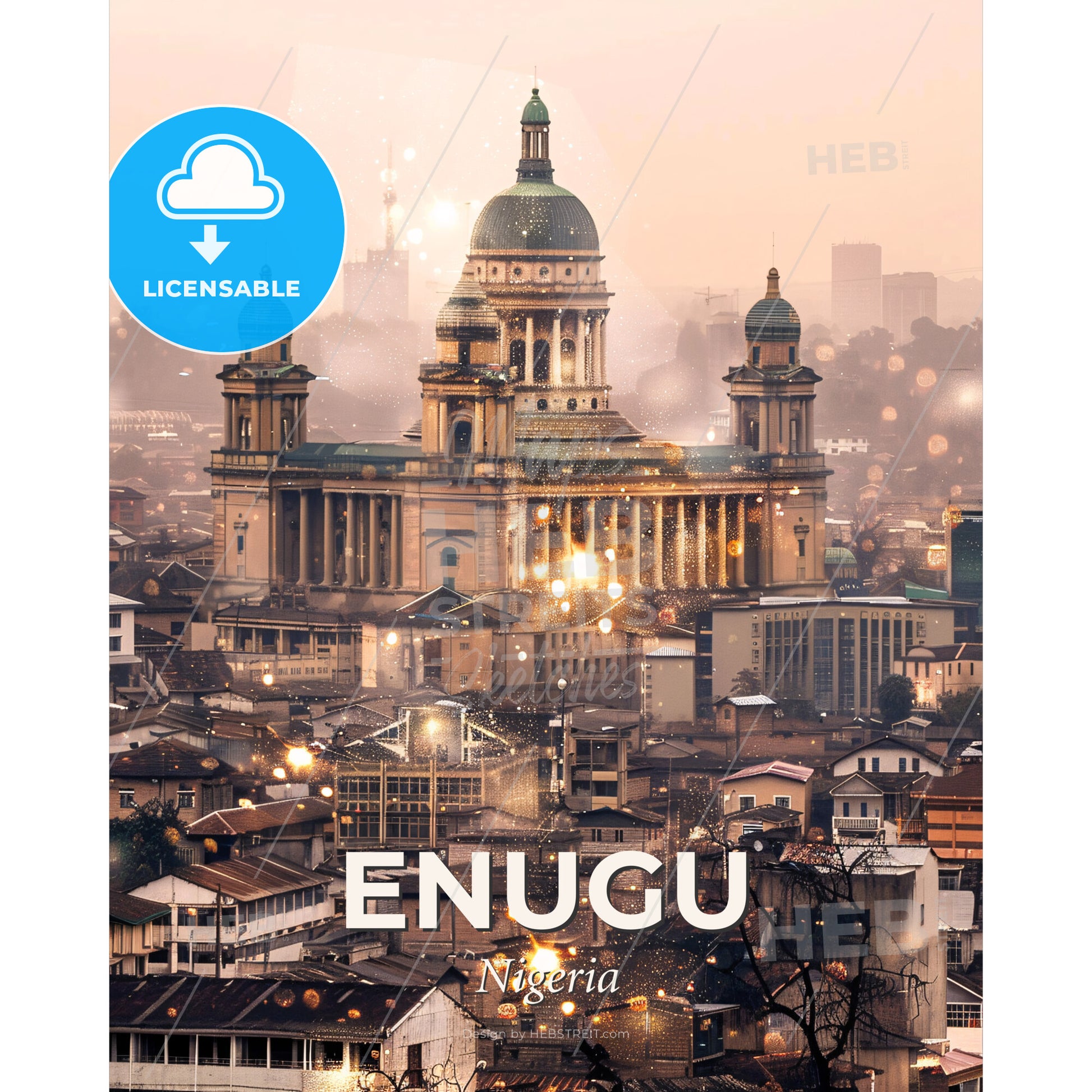 Enugu Skyline: Igbo Flair on Beige Canvas - A large building with a dome and a dome on top - Square format print template
