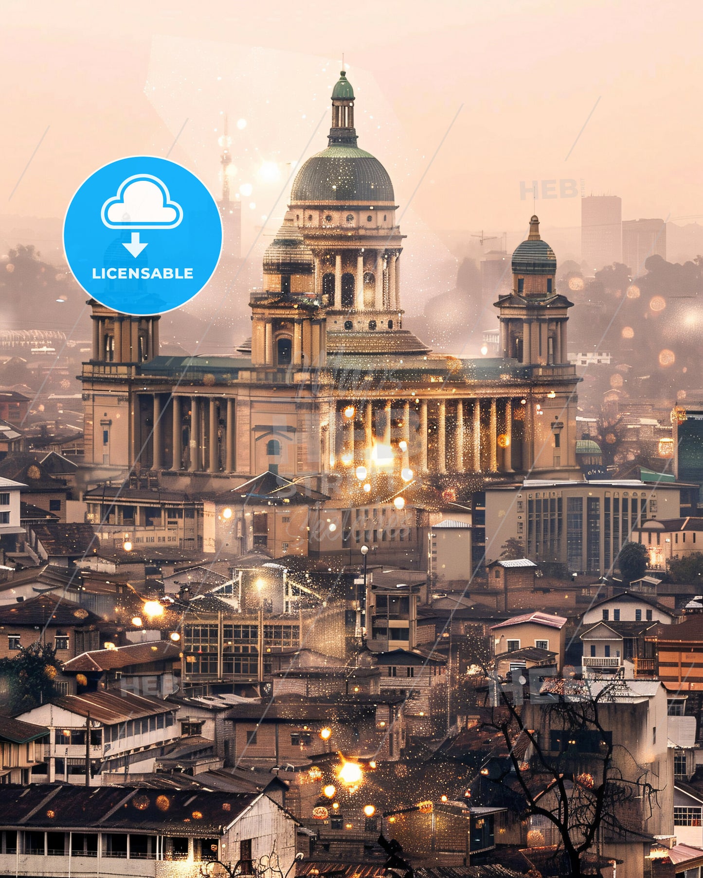 Enugu Skyline: Igbo Flair on Beige Canvas - A large building with a dome and a dome on top