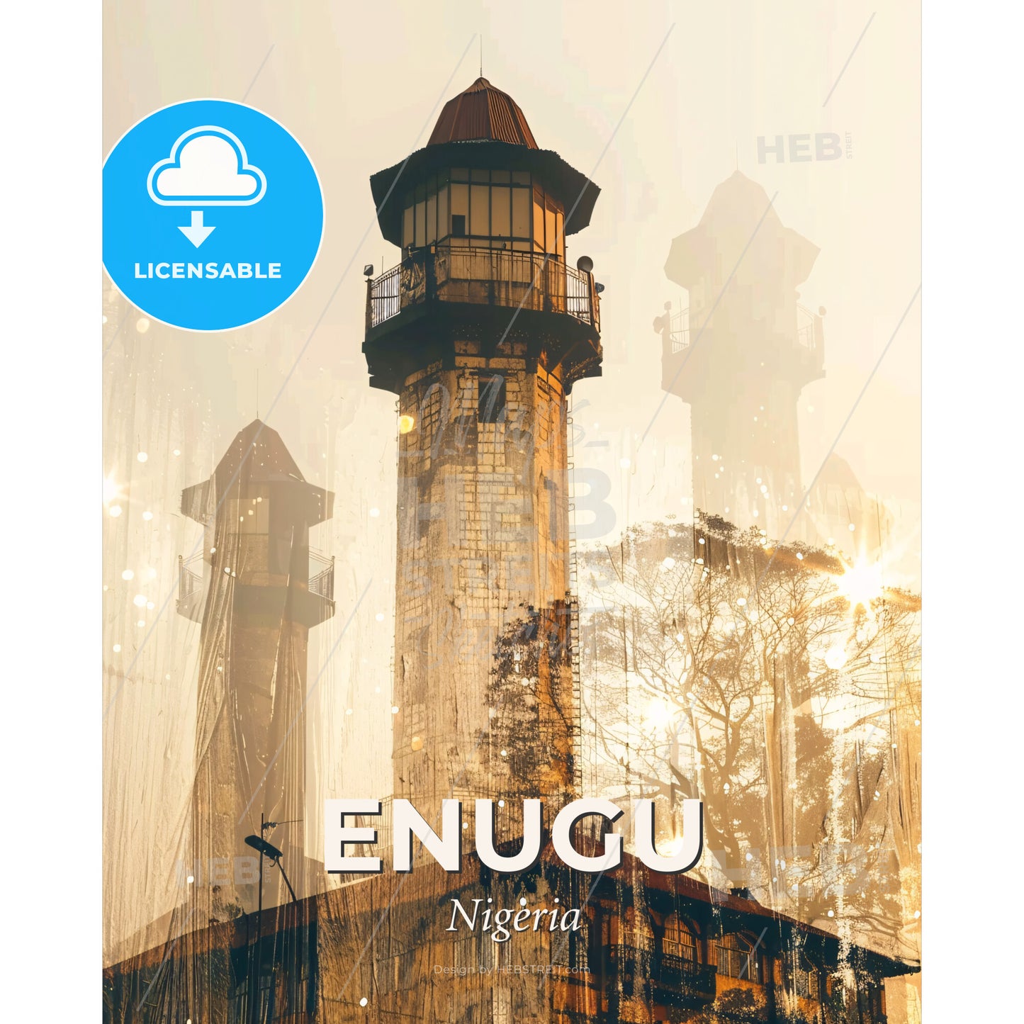 Enugu Skyline Double Exposure Art Poster - A tower with a tower and a building with a roof - Square format print template