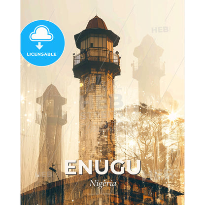 Enugu Skyline Double Exposure Art Poster - A tower with a tower and a building with a roof - Square format print template