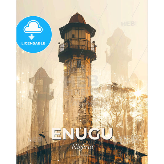 Enugu Skyline Double Exposure Art Poster - A tower with a tower and a building with a roof - Square format print template