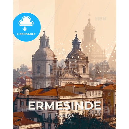 Ermesinde Skyline Artistic Composite Poster - A group of buildings with a tower - Square format print template