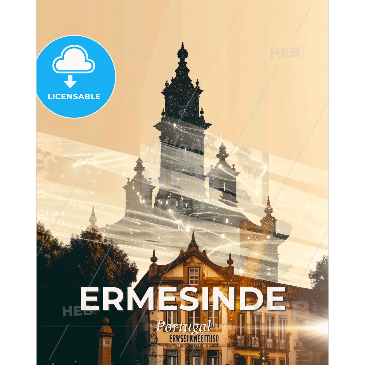 Ermesinde Skyline Double Exposure Poster - A building with a tower and trees - Square format print template