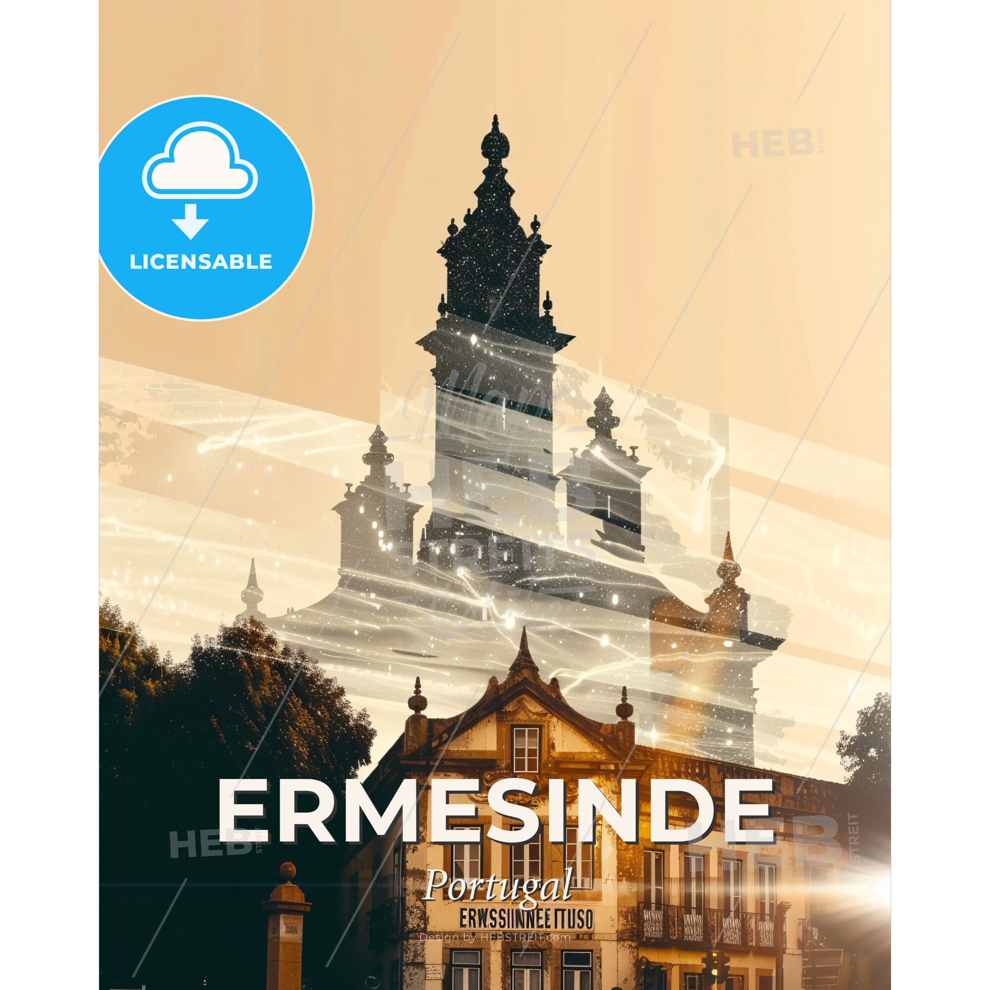 Ermesinde Skyline Double Exposure Poster - A building with a tower and trees - Square format print template