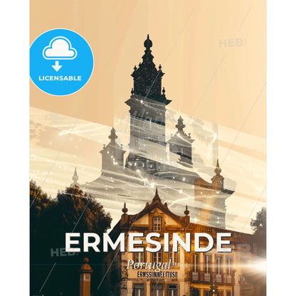 Ermesinde Skyline Double Exposure Poster - A building with a tower and trees - Square format print template