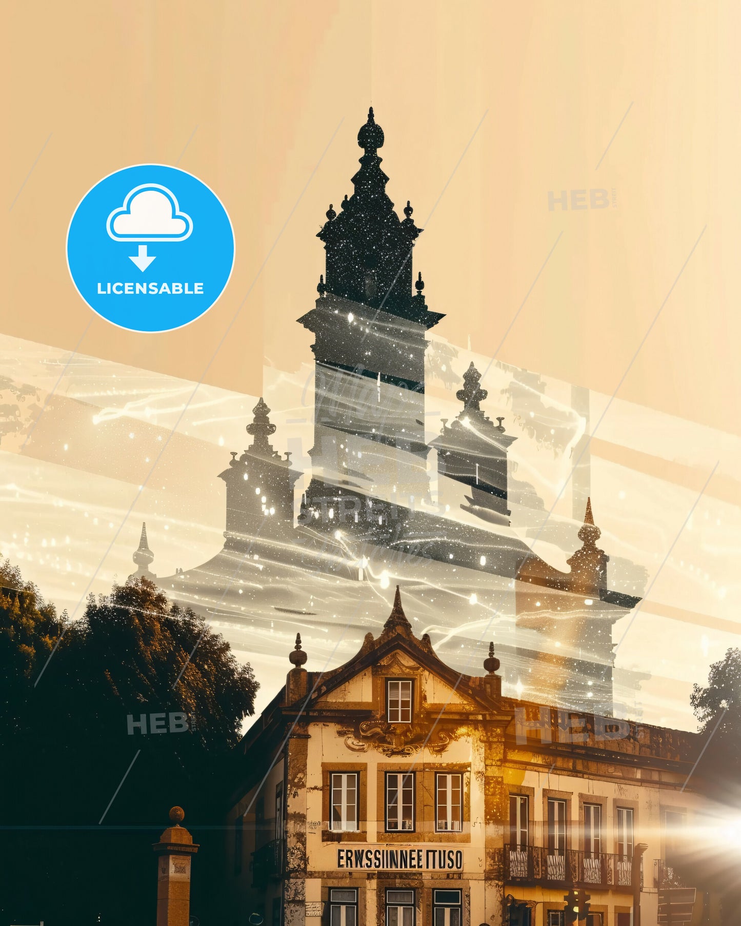 Ermesinde Skyline Double Exposure Poster - A building with a tower and trees