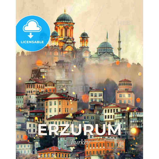 Erzurum: Illuminated City Skyline Composite - A city with many buildings - Square format print template