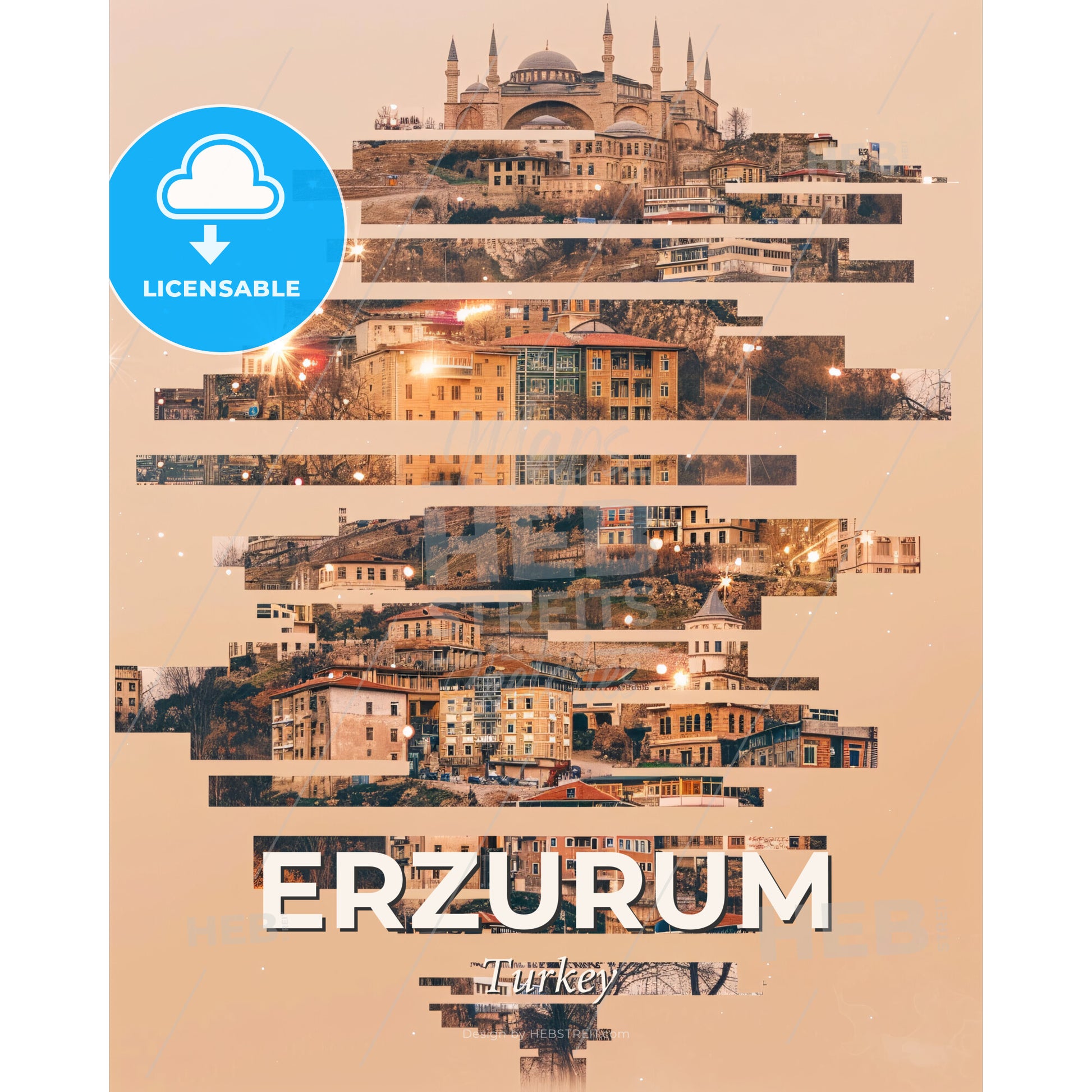 Erzurum City Skyline Night Double Exposure Art Poster - A group of buildings in a row - Square format print template
