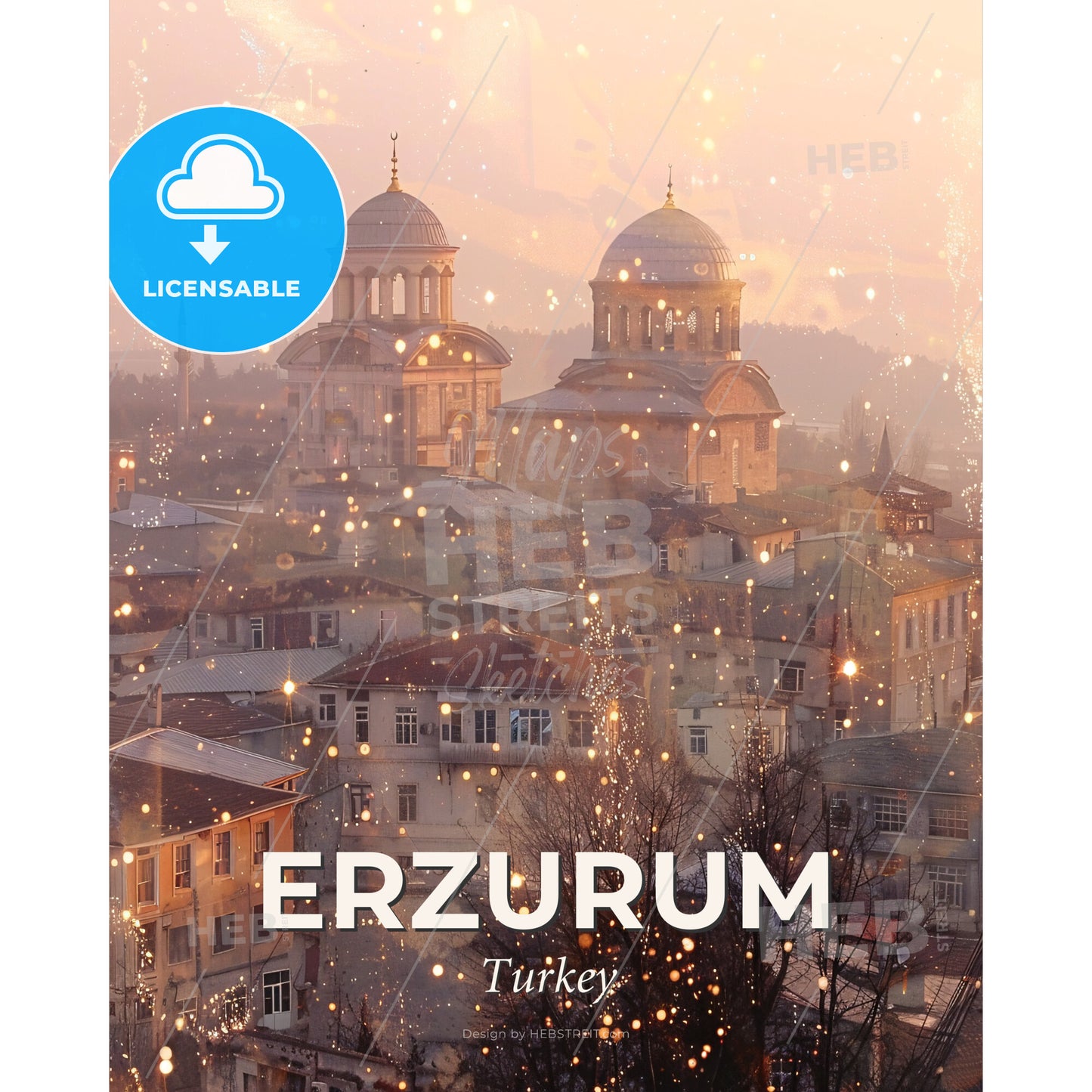 Erzurum Skyline Double Exposure Art Poster - A city with many buildings and snow - Square format print template