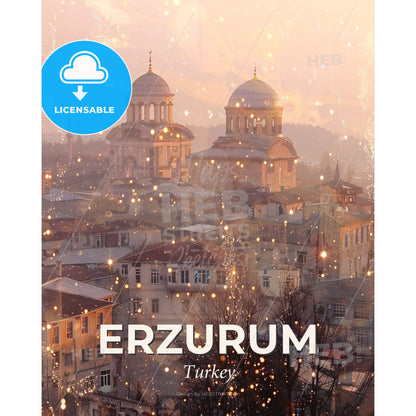 Erzurum Skyline Double Exposure Art Poster - A city with many buildings and snow - Square format print template