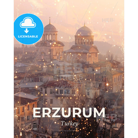 Erzurum Skyline Double Exposure Art Poster - A city with many buildings and snow - Square format print template