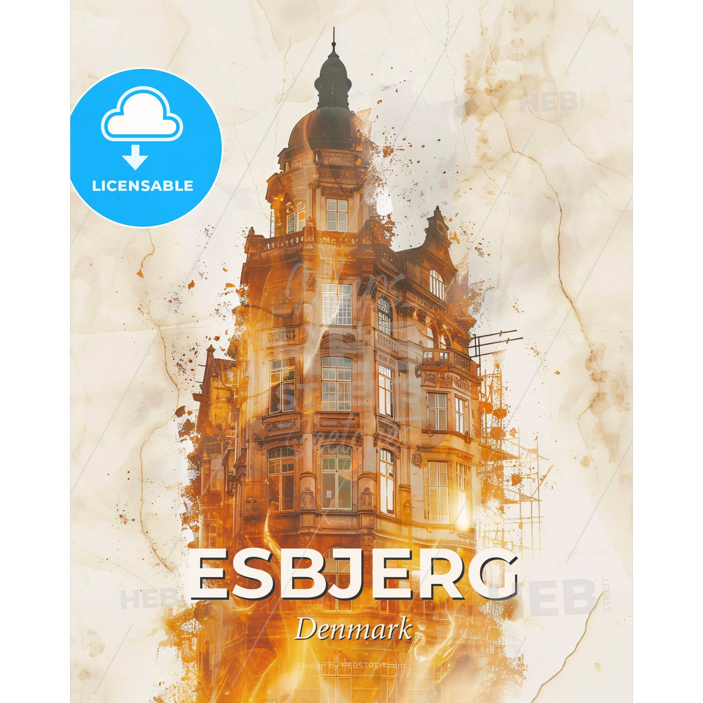 Esbjerg City Skyline Composite Poster Art - Siddhivinayak Temple, Mumbai with a tower on fire - Square format print template