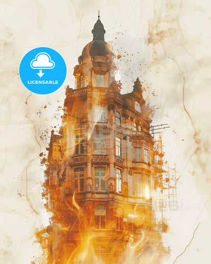 Esbjerg City Skyline Composite Poster Art - Siddhivinayak Temple, Mumbai with a tower on fire