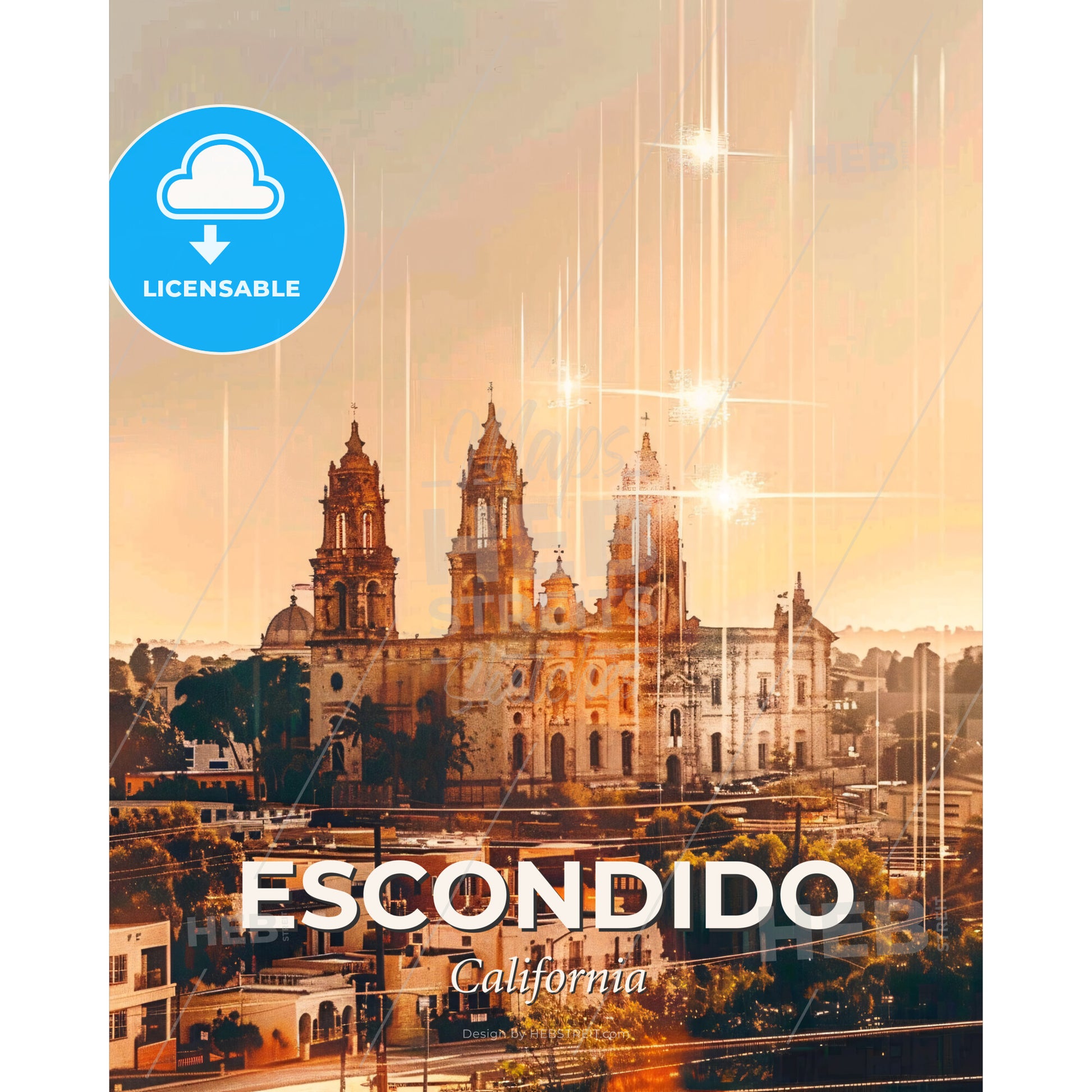 Escondido Skyline Composite Art: Local Charm, Vibrant Colors - A large building with towers and towers - Square format print template