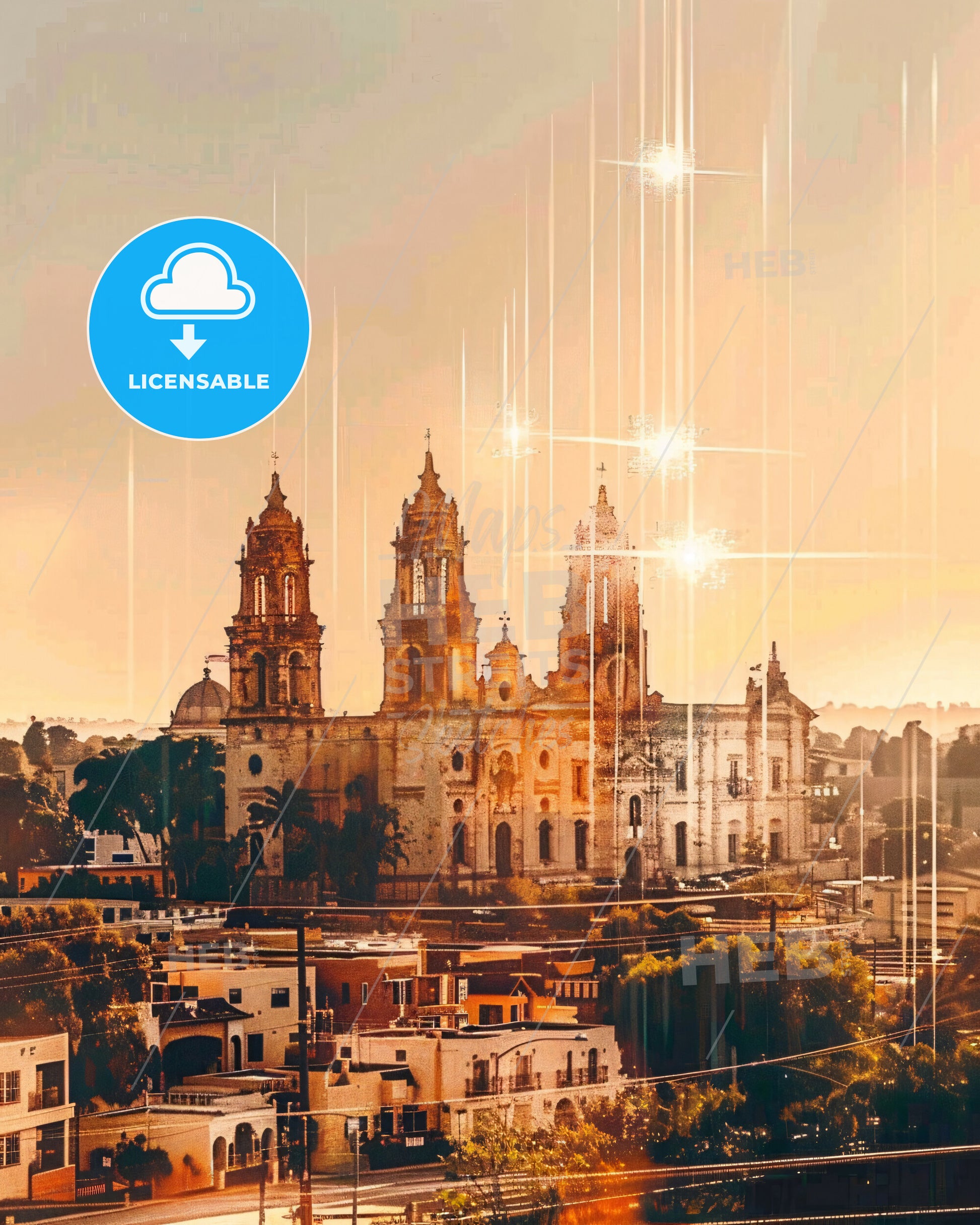 Escondido Skyline Composite Art: Local Charm, Vibrant Colors - A large building with towers and towers