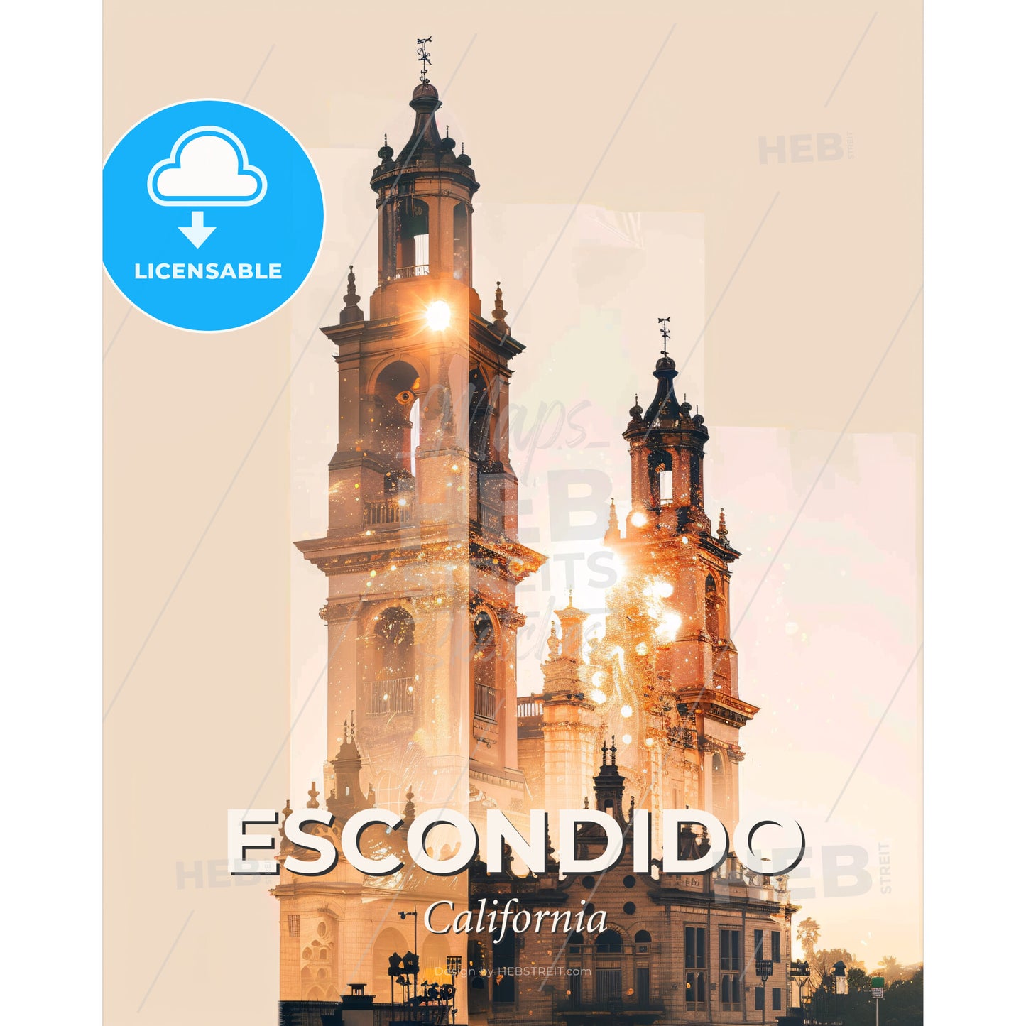 Escondido Skyline Art: Architecture Icons and Cityscapes - A large building with a tower - Square format print template