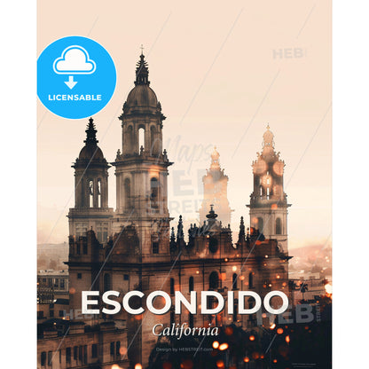 Escondido Cityscape Art: Nightlights and Sparkles - A large building with towers and a city in the background - Square format print template