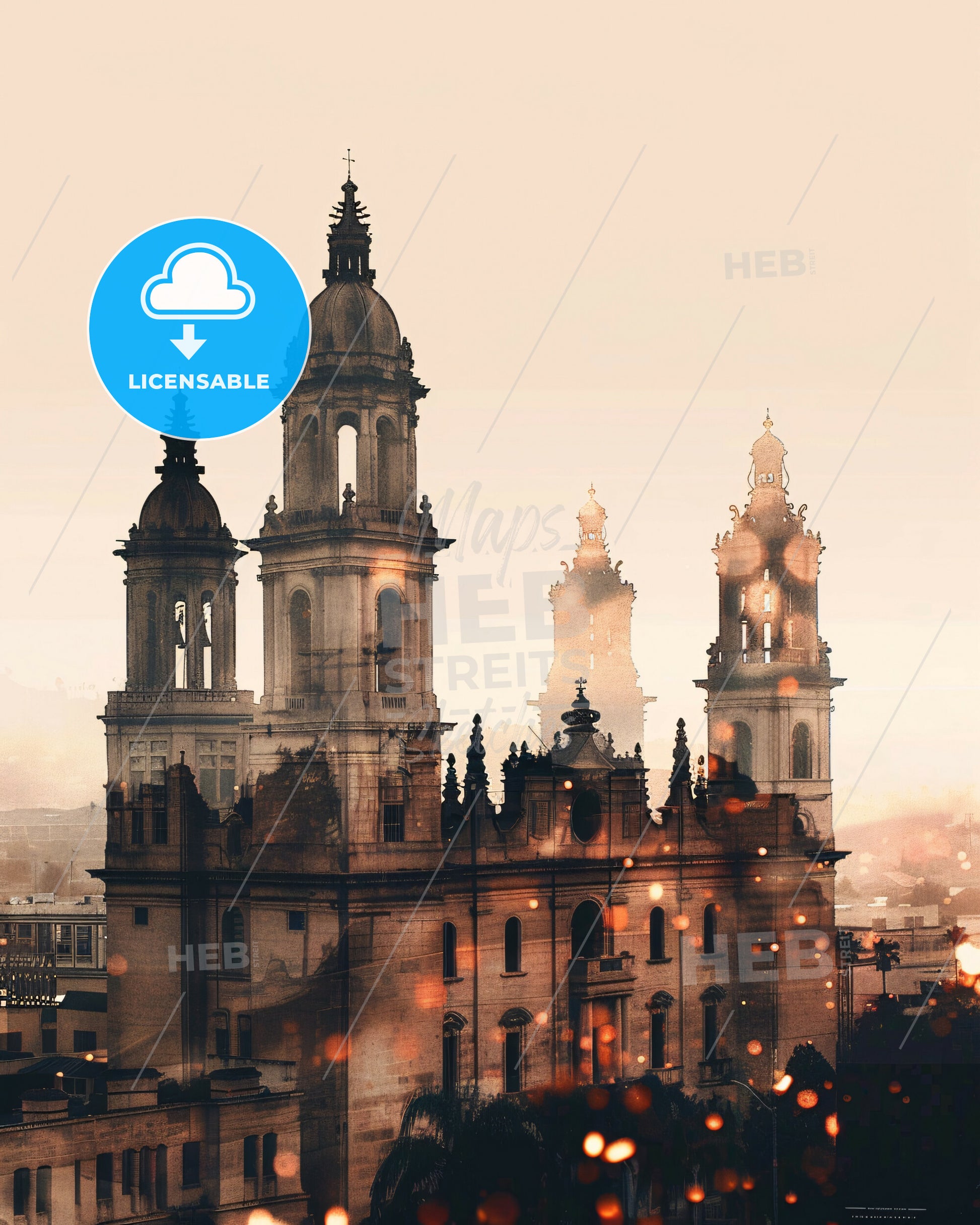 Escondido Cityscape Art: Nightlights and Sparkles - A large building with towers and a city in the background