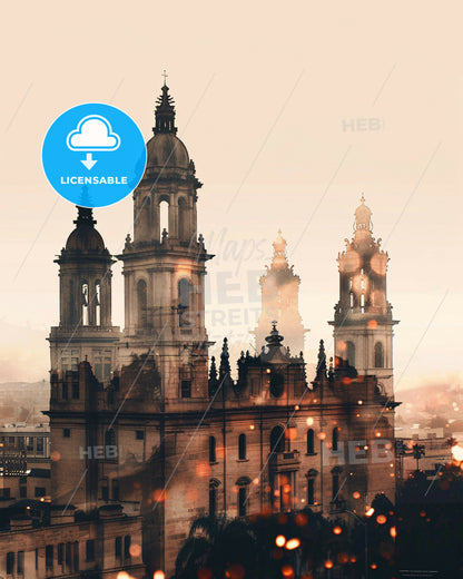 Escondido Cityscape Art: Nightlights and Sparkles - A large building with towers and a city in the background