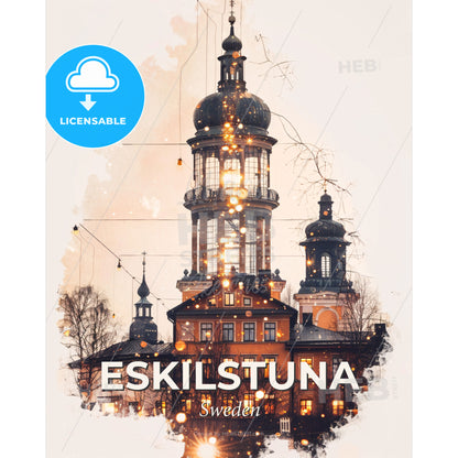 Eskilstuna City Skyline in Double Exposure Art - A building with a tower and lights - Square format print template