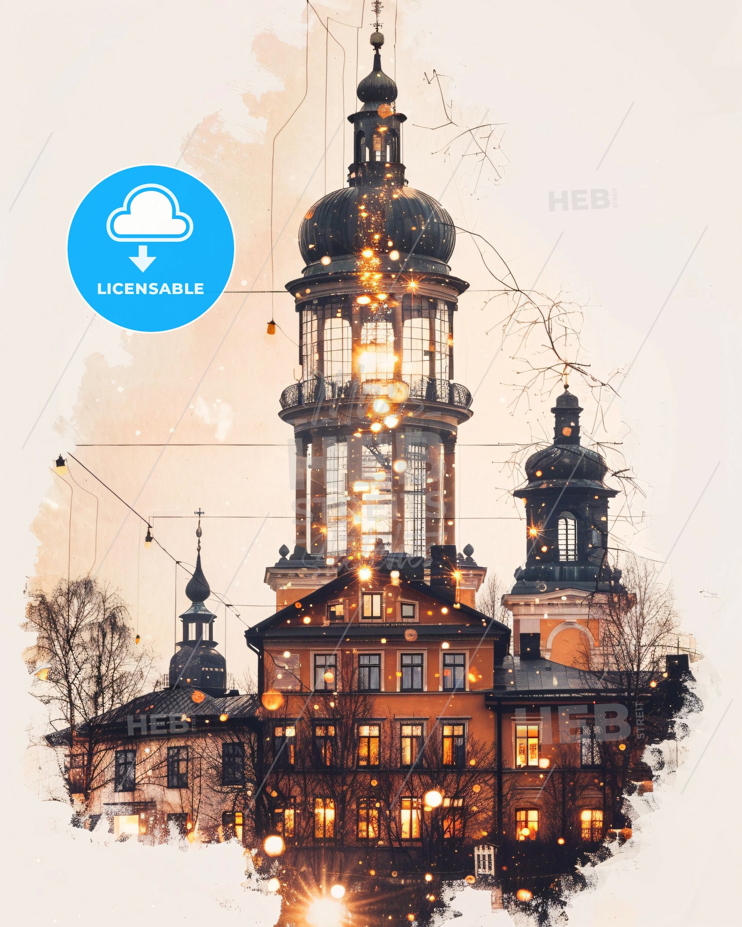 Eskilstuna City Skyline in Double Exposure Art - A building with a tower and lights