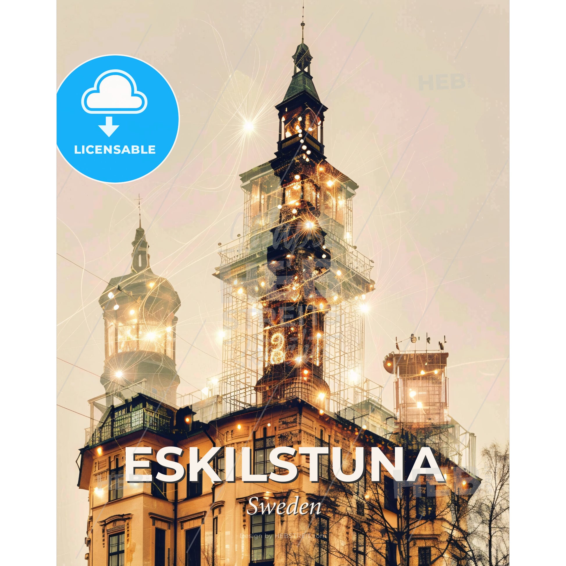 Eskilstuna City Vibes Skyline Composite Art Print - A building with a tower and lights - Square format print template