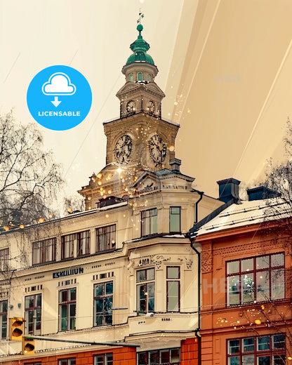 Eskilstuna Skyline Double Exposure Composite - A building with a clock tower