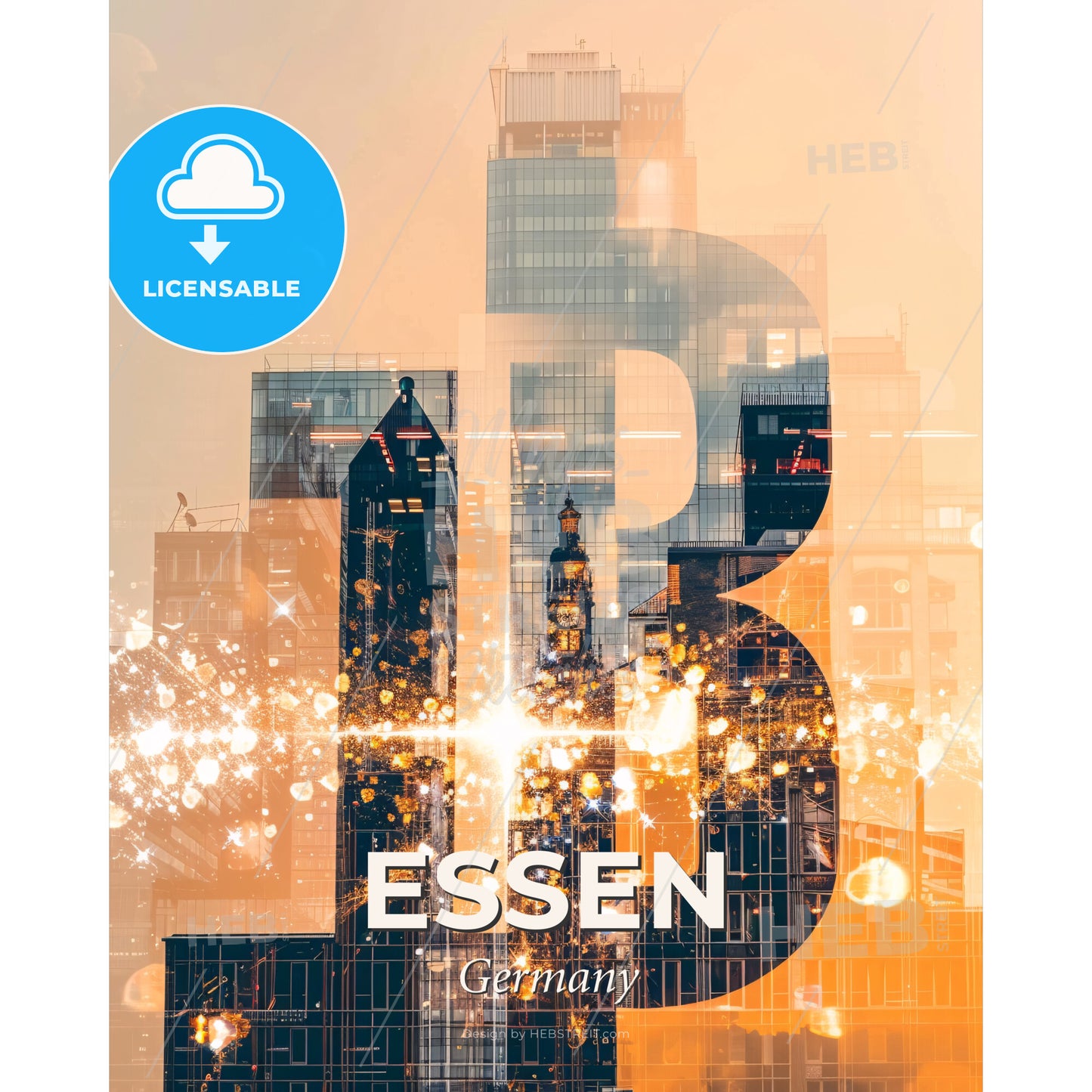 Essen City Skyline Nightlights Poster - A large letter with a large number in the middle of a city - Square format print template