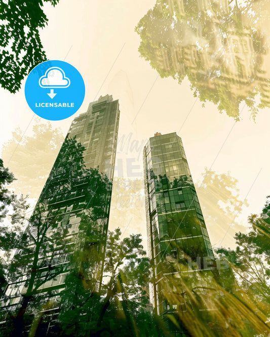 Essen Skyline Double Exposure Composite Art Print - A tall buildings with trees in the background