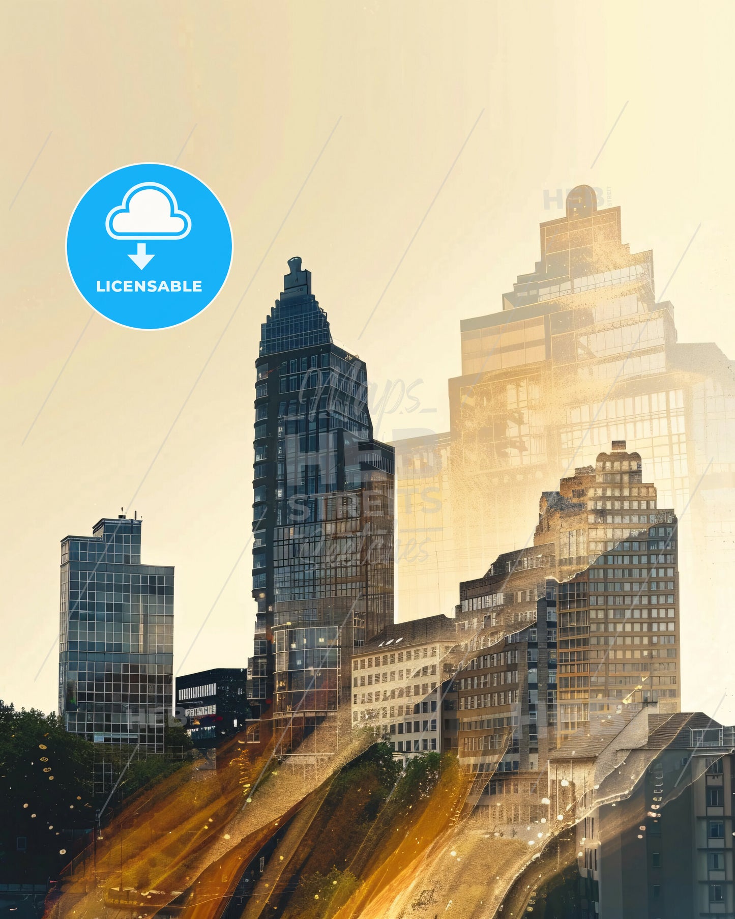 Essen Double Exposure City Skyline Poster - A city skyline with many tall buildings
