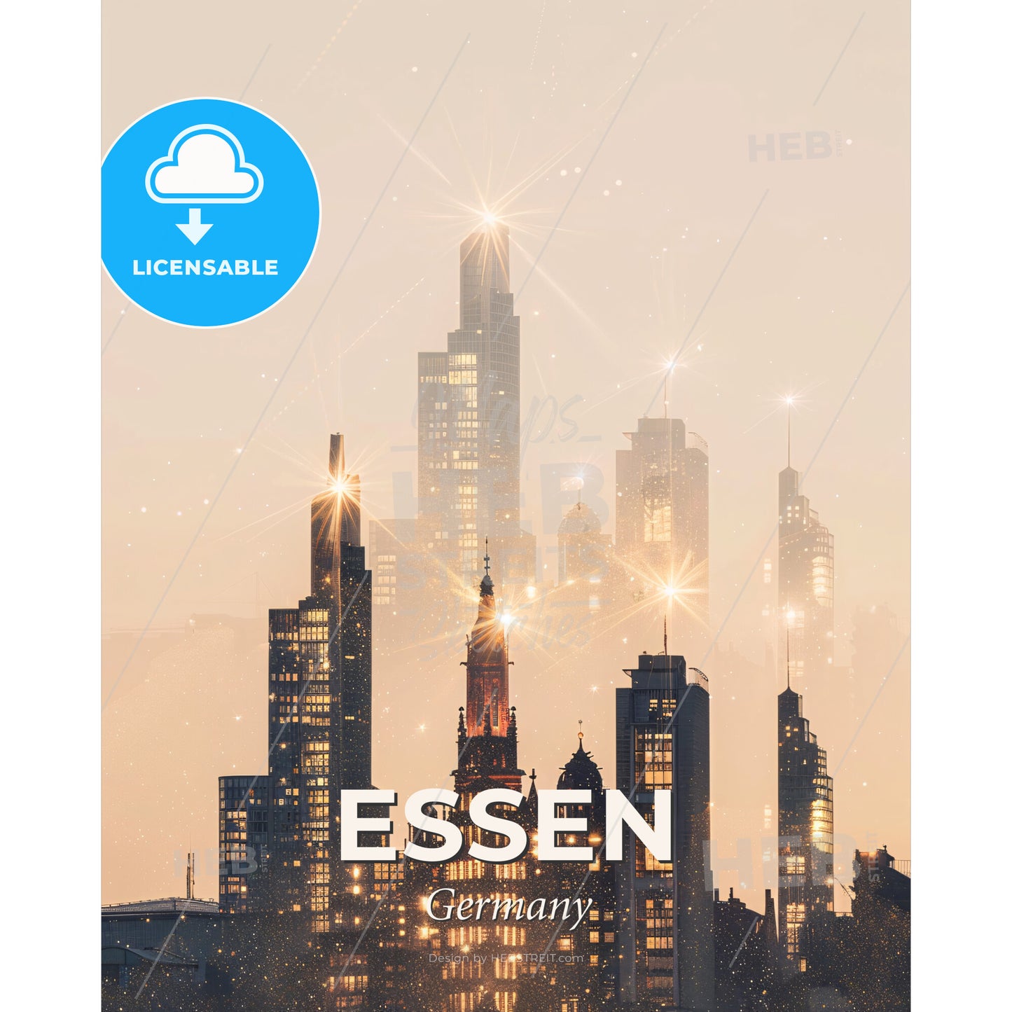 Essen Skyline Fairy Tale Cityscape - A city skyline with many tall buildings - Square format print template