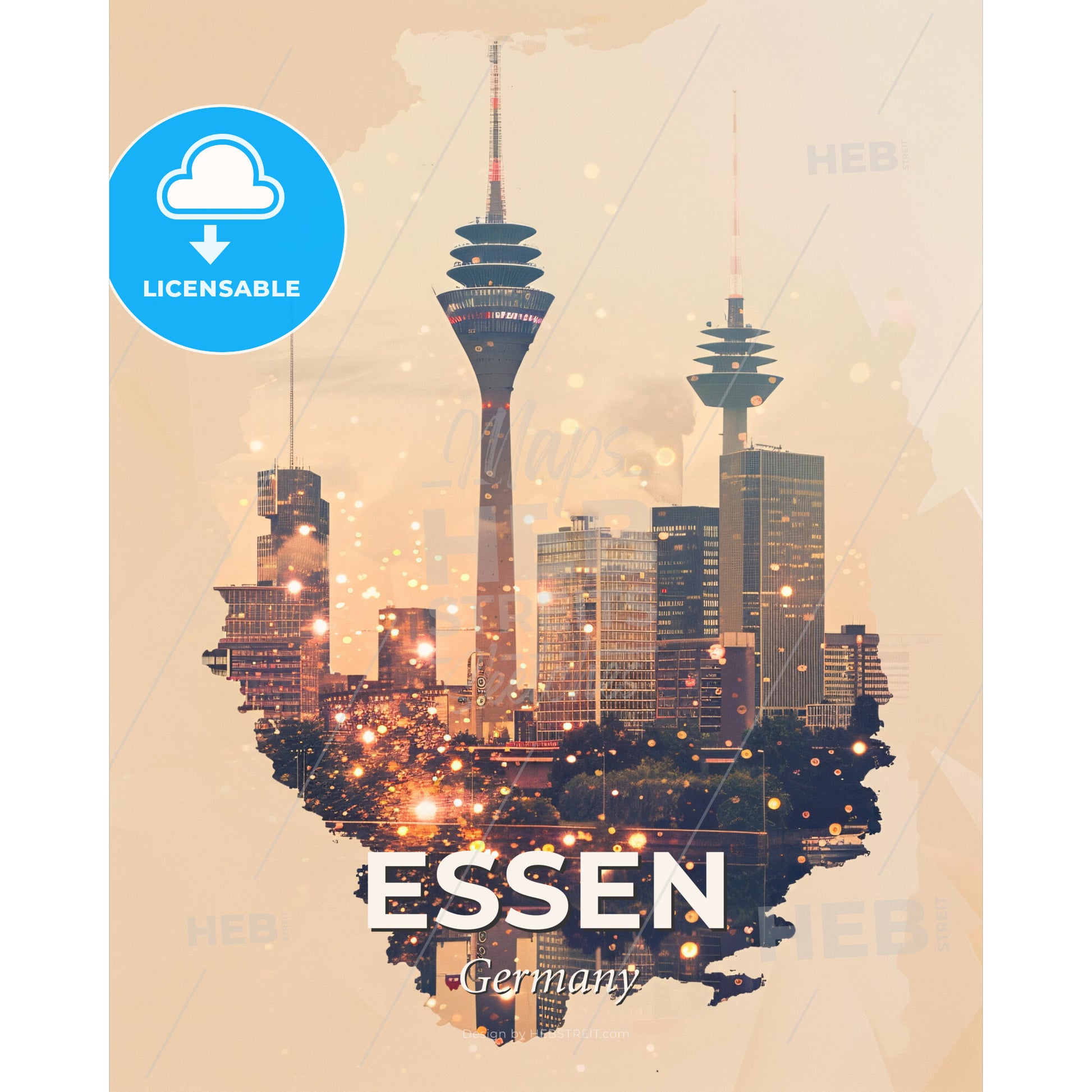 Essen: City Skyline at Night, Double Exposure - A city skyline with a tall tower - Square format print template