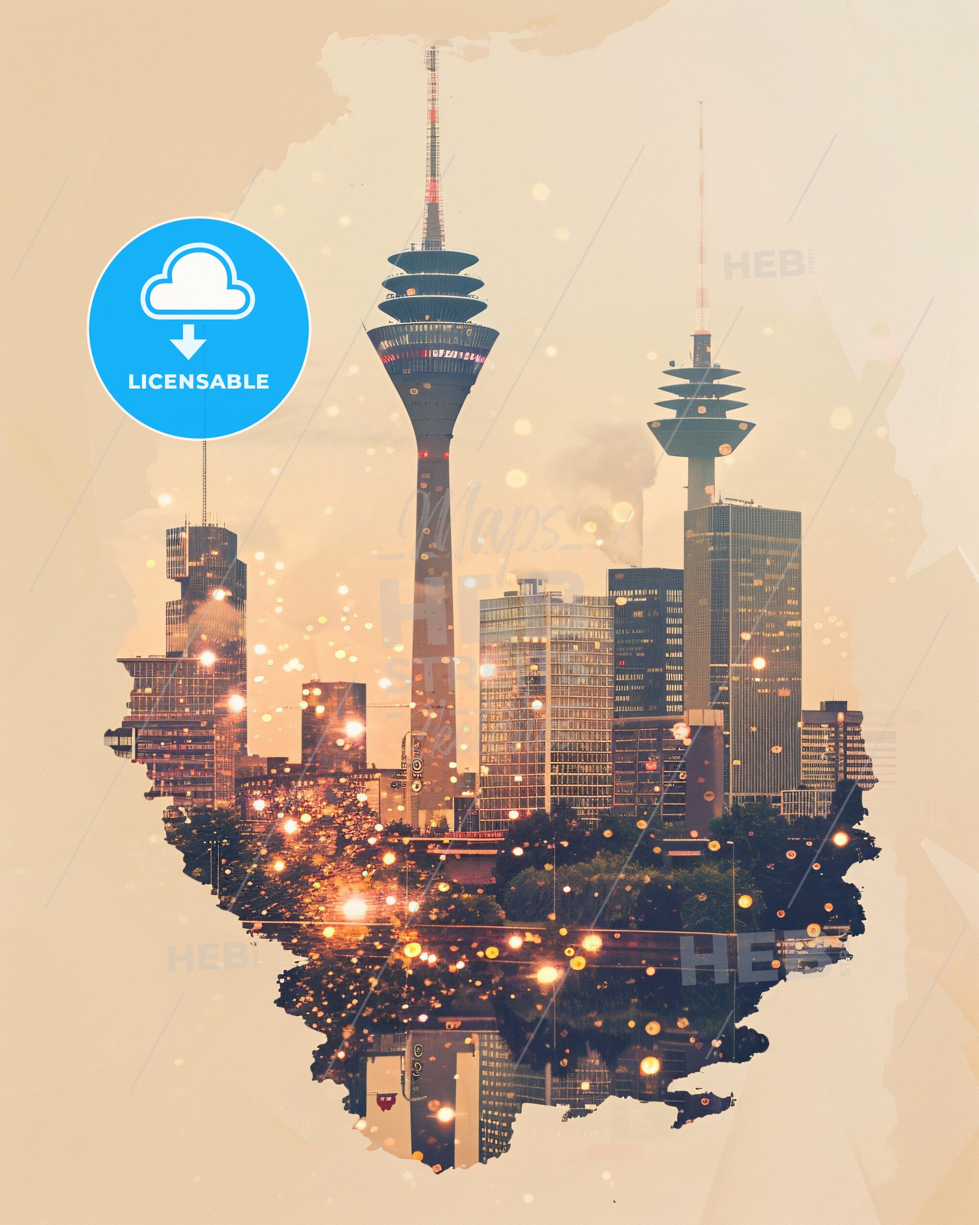 Essen: City Skyline at Night, Double Exposure - A city skyline with a tall tower