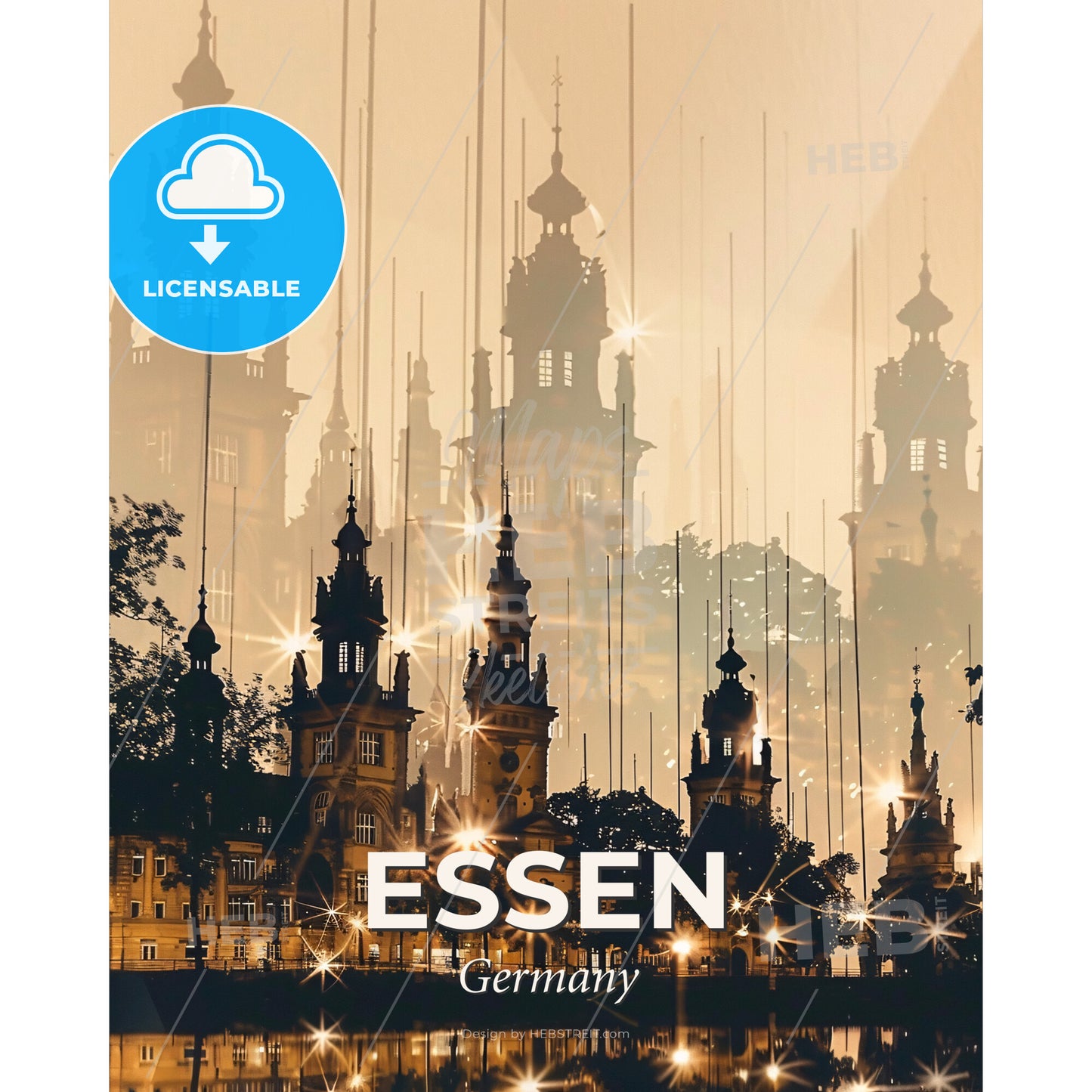 Essen City Skyline Silhouette Art Poster - A building with towers and lights - Square format print template