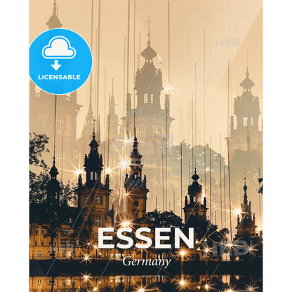 Essen City Skyline Silhouette Art Poster - A building with towers and lights - Square format print template