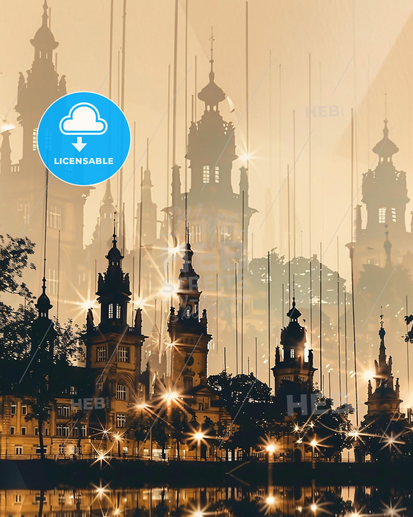 Essen City Skyline Silhouette Art Poster - A building with towers and lights