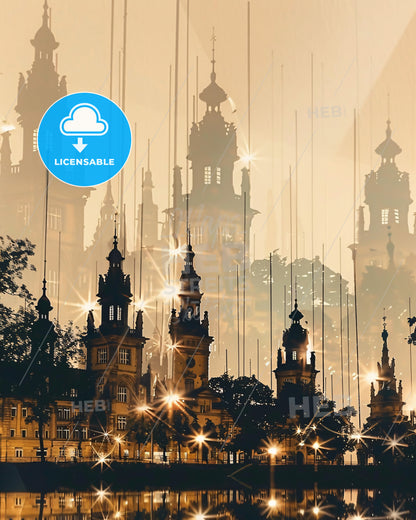 Essen City Skyline Silhouette Art Poster - A building with towers and lights