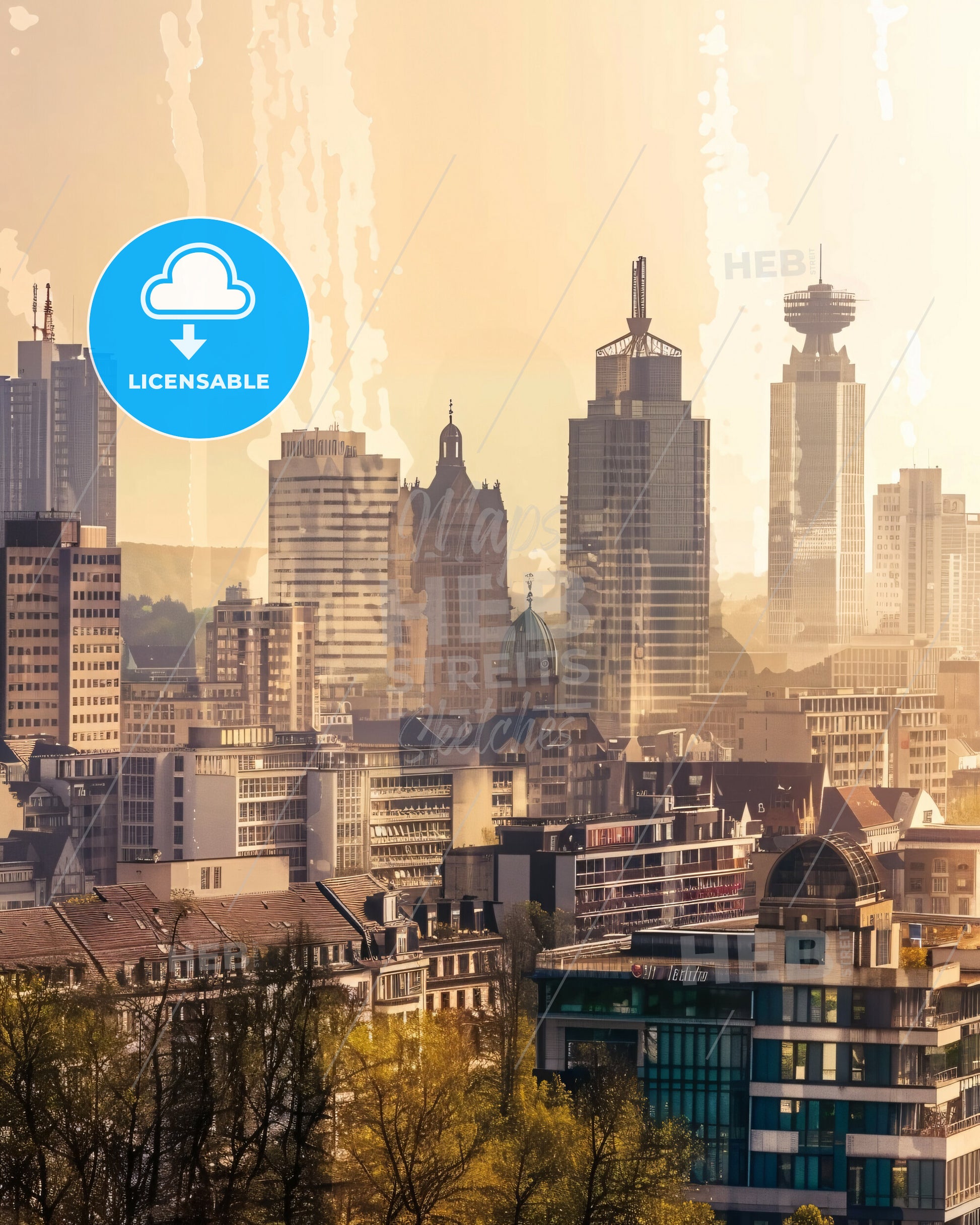 Essen City Light Silhouette Art Print Poster - A city with many tall buildings