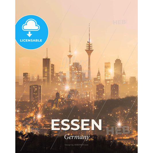 Essen City Skyline Bright Beige Backlight Poster - A city skyline with lights - Square format print template