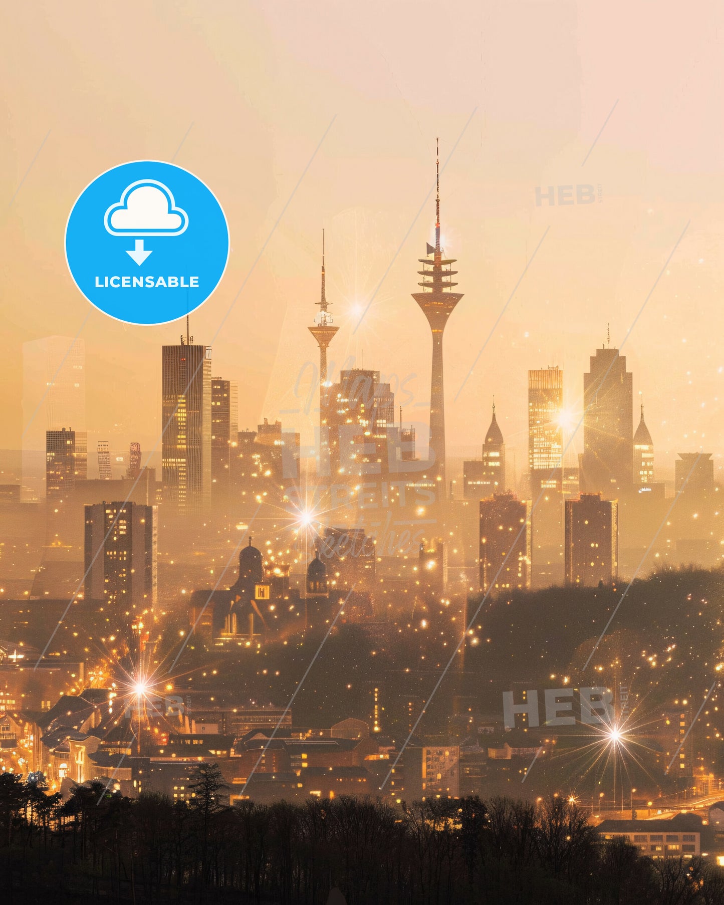 Essen City Skyline Bright Beige Backlight Poster - A city skyline with lights