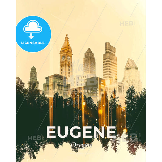 Eugonian Architectural Skyline Art Poster - A city with trees and lights - Square format print template