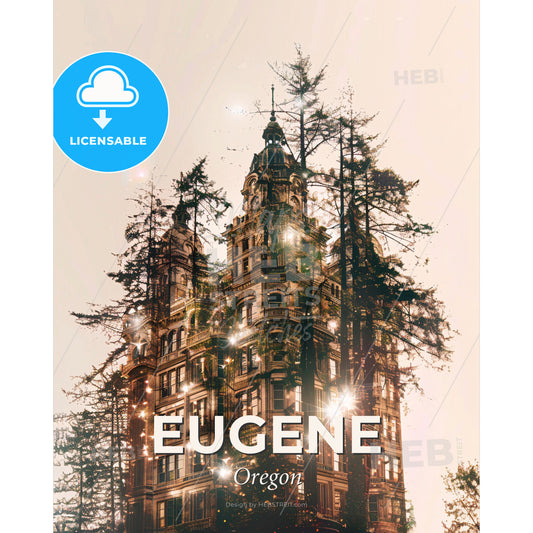 Eugene's Architecture Dreamy Skyline Poster - A building with trees around it - Square format print template