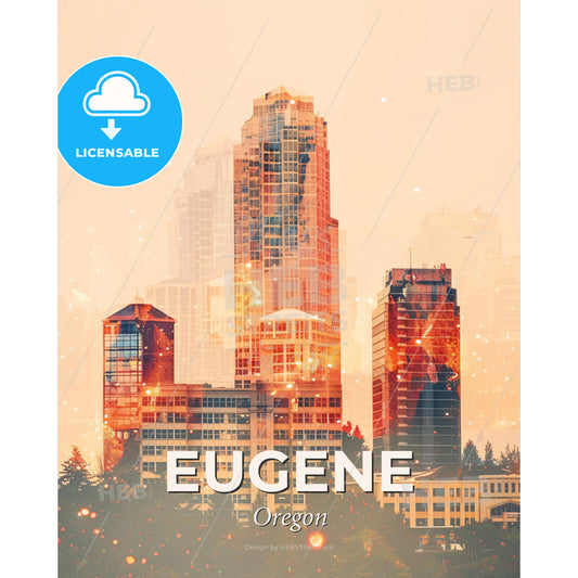 Eugene: City Icons by Night in Double Exposure Art - A city skyline with many tall buildings - Square format print template