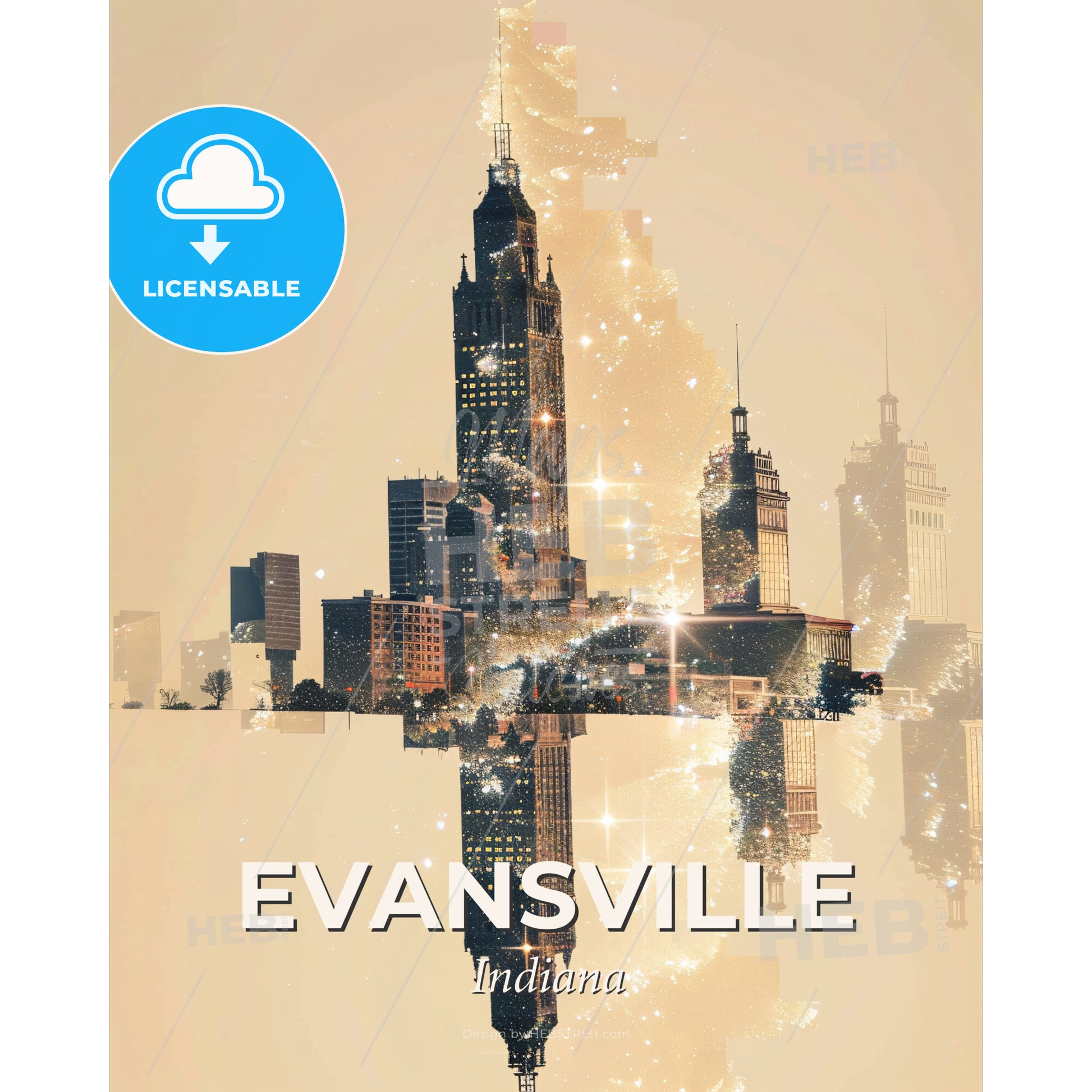 Evansville Skyline Double Exposure Composite Art - A city skyline with many tall buildings - Square format print template